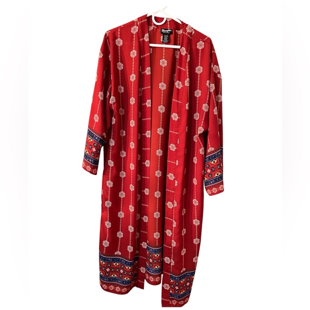 Wrangler Retro Red Floral Kimono Long‎ Sleeve Open Duster. Size M